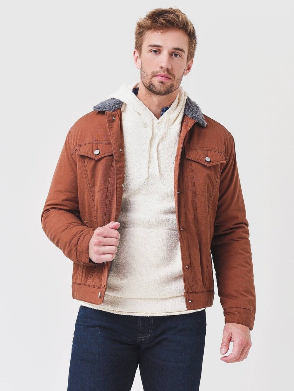 Rails Men's Brown Sherpa-Collar Bomber Jacket with Ivory Layer
